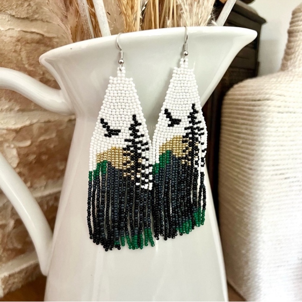 Handcrafted Mountain and Raven Beaded Earrings